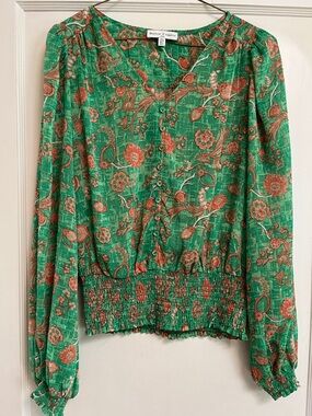Maison d’Amelie Green Floral Smocked-Waist Long Sleeve Blouse